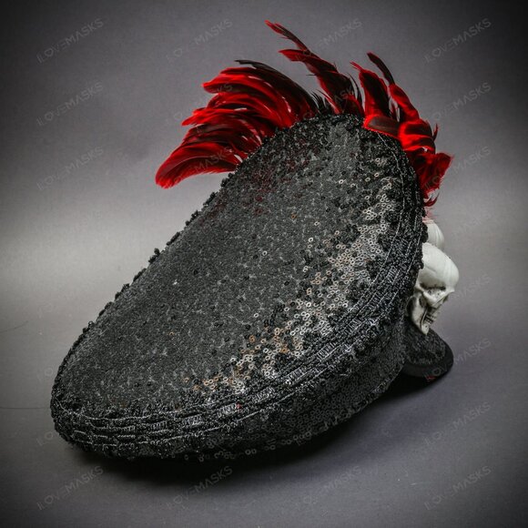 Halloween Red Feather Voodoo White Skull Fisherman Military Party Cap Black - Picture 5 of 6